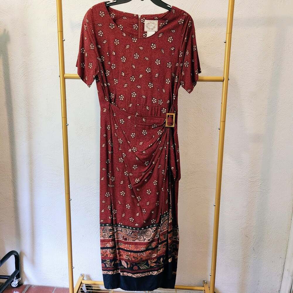 Erika Floral Maxi Dress Size M Red Rayon Belted Short Sleeve